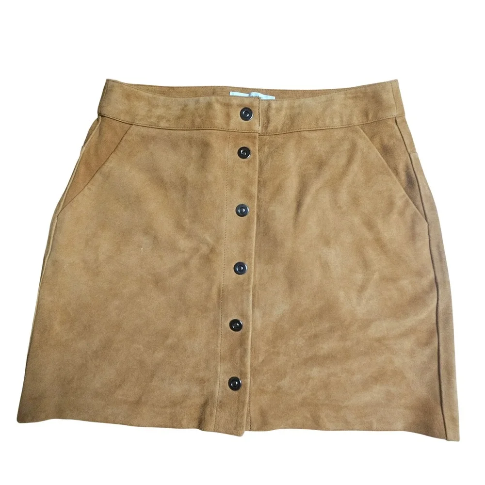Frame Caramelo Goat Leather Snap Front Mini Skirt 28 Quiet Luxury LWLT0246